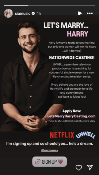 Sia posts Let's Marry Harry application Instagram Story