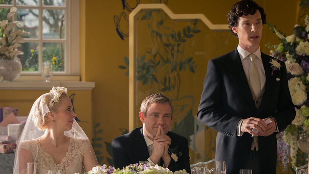 Amanda Abbington as Mary Morstan, Martin Freeman as John Watson, and Benedict Cumberbatch as Sherlock Holmes in 'Sherlock' - 'Sign of Three'