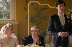 Amanda Abbington as Mary Morstan, Martin Freeman as John Watson, and Benedict Cumberbatch as Sherlock Holmes in 'Sherlock' - 'Sign of Three'