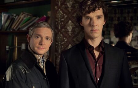 Martin Freeman as John Watson and Benedict Cumberbatch as Sherlock Holmes in Series 3 of 'Sherlock'