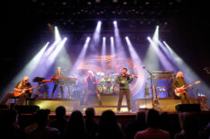 Richard Williams, Tom Brislin, Ronnie Platt, Joe Deninzon and Billy Greer of the band Kansas perform at the Ryman Auditorium on August 19, 202