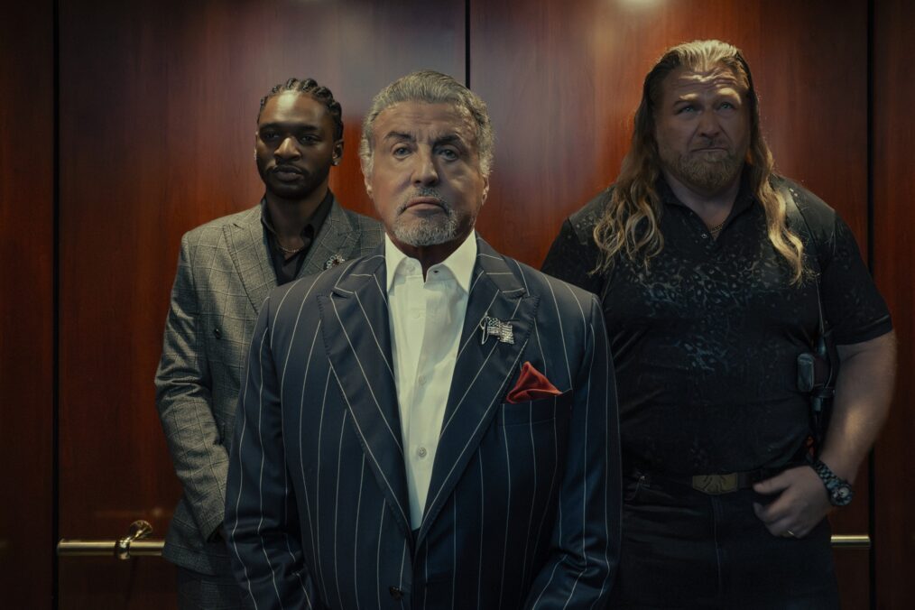 Jay Will as Tyson, Sylvester Stallone as Dwight Manfredi and Mike Walden as Bigfoot in the Paramount+ original series TULSA KING. Photo Credit: Brian Douglas/Paramount+. ©2025 Viacom International Inc. All Rights Reserved.