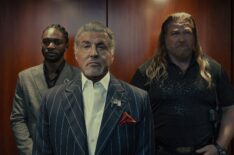 Jay Will as Tyson, Sylvester Stallone as Dwight Manfredi and Mike Walden as Bigfoot in the Paramount+ original series Tulsa King