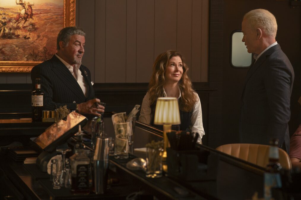 Sylvester Stallone as Dwight Manfredi, Dana Delany as Margaret and Neil McDonough as Thresher in the Paramount+ original series TULSA KING. Photo Credit: Brian Douglas/Paramount+. ©2025 Viacom International Inc. All Rights Reserved.