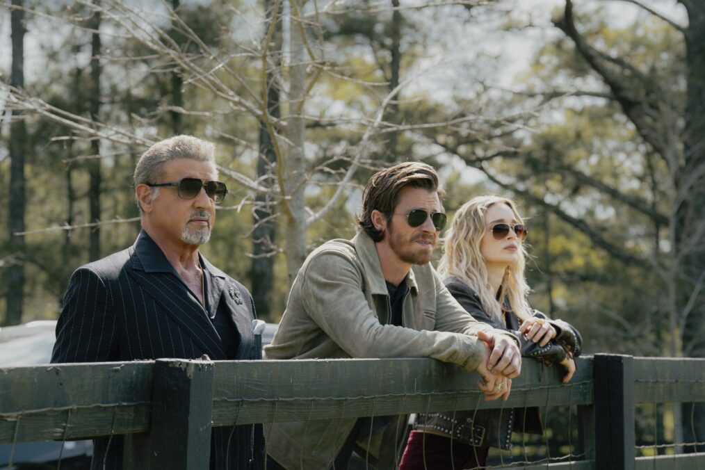 Sylvester Stallone as Dwight Manfredi, Garrett Hedlund as Mitch and Isabella Heathcote as Cleo in the Paramount+ original series TULSA KING. Photo Credit: Brian Douglas/Paramount+. ©2025 Viacom International Inc. All Rights Reserved.
