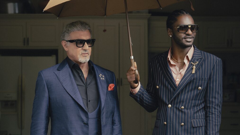Sylvester Stallone as Dwight Manfredi and Jay Will as Tyson in the Paramount+ original series TULSA KING. Photo Credit: Brian Douglas/Paramount+. ©2025 Viacom International Inc. All Rights Reserved.