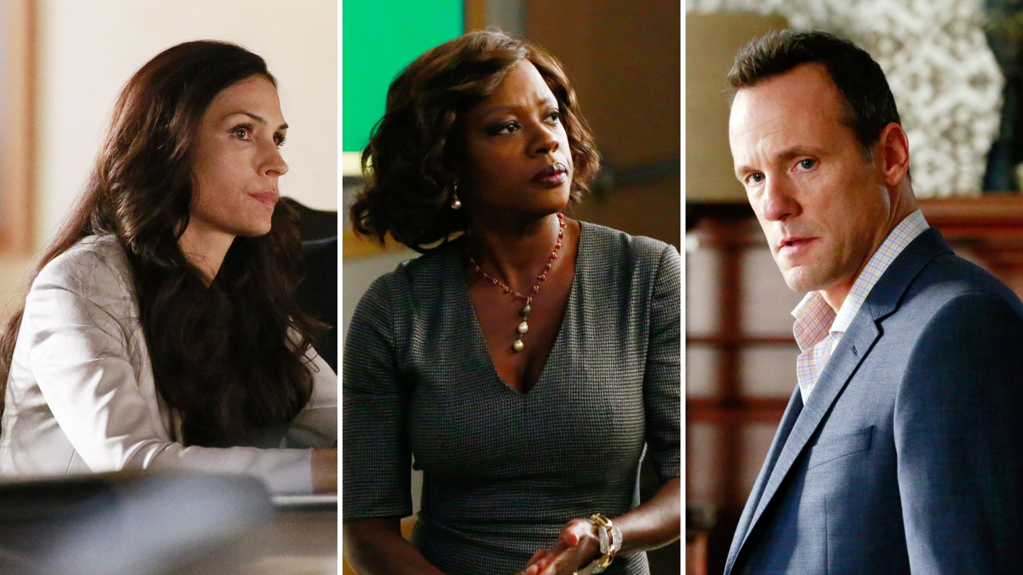 Famke Janssen as Eve; Viola Davis as Annalise; Tom Verica as Sam on 'How to Get Away With Murder'