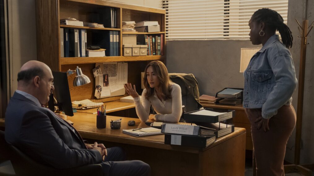 John Carroll Lynch as Thomas Laffont, Maggie Q as Renée Ballard, and Courtney Taylor as Samira Parker — 'Ballard'