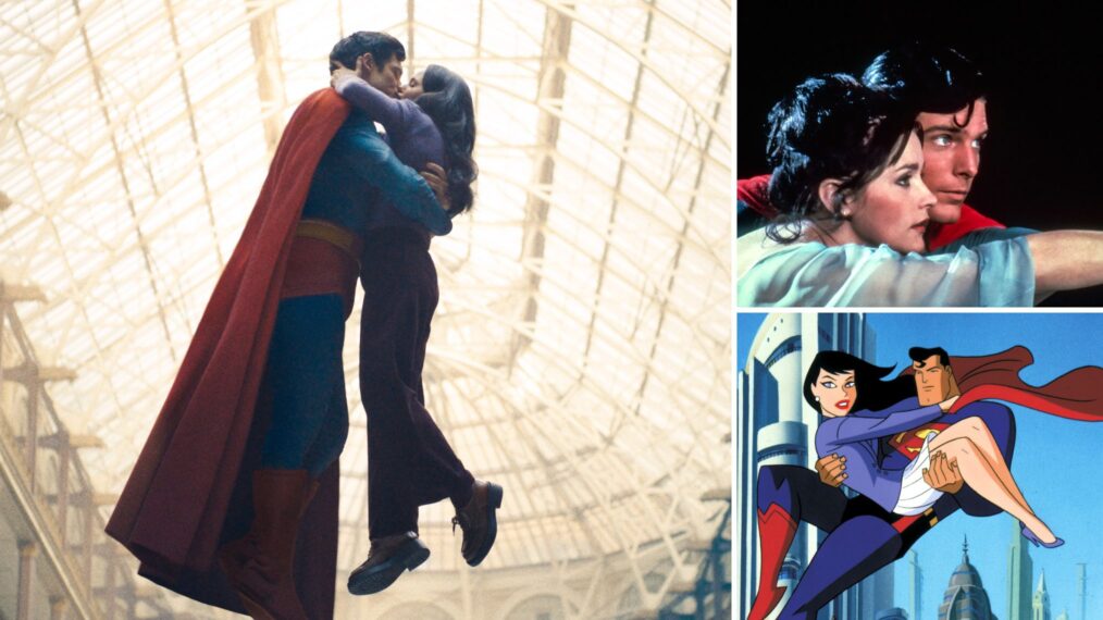 David Corenswet and Rachel Brosnahan in 'Superman' (2025); Margot Kidder and Christopher Reeve in 'Superman' (1978); 'Superman: The Animated Series'