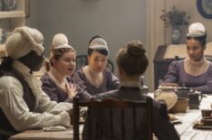 Gracie McGonigal as Hazel, Yerin Ha as Sophie Beckett, Oli Higginson as Footman John in episode 404 of Bridgerton.