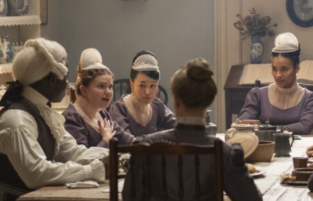 Gracie McGonigal as Hazel, Yerin Ha as Sophie Beckett, Oli Higginson as Footman John in episode 404 of Bridgerton.