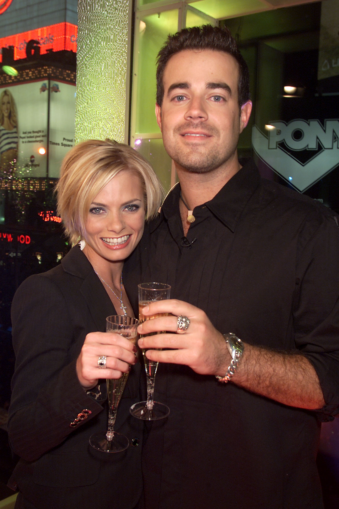 Carson Daly and Jaime Pressly backstage during MTV's New Years Eve 2002 party