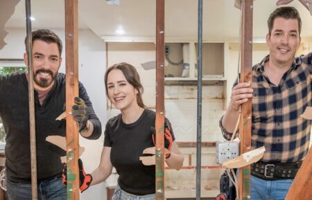 Rachel Brosnahan with Drew and Jonathan Scott on 'Celebrity IOU'