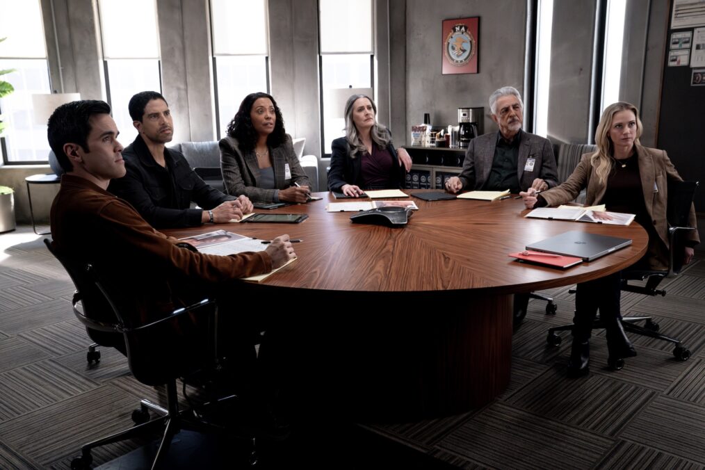 RJ Hatanaka as Tyler Green, Adam Rodriguez as Luke Alvez, Aisha Tyler as Dr. Tara Lewis, Paget Brewster as Emily Prentiss, Joe Mantegna as David Rossi, and A.J. Cook as Jennifer ‘JJ’ Jareau — 'Criminal Minds: Evolution' Season 18 Episode 7 