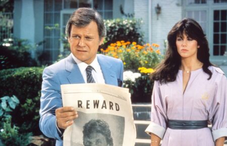 Ken Kercheval, John Beck (photograph in newspaper), Deborah Shelton in Dallas (Season 8)