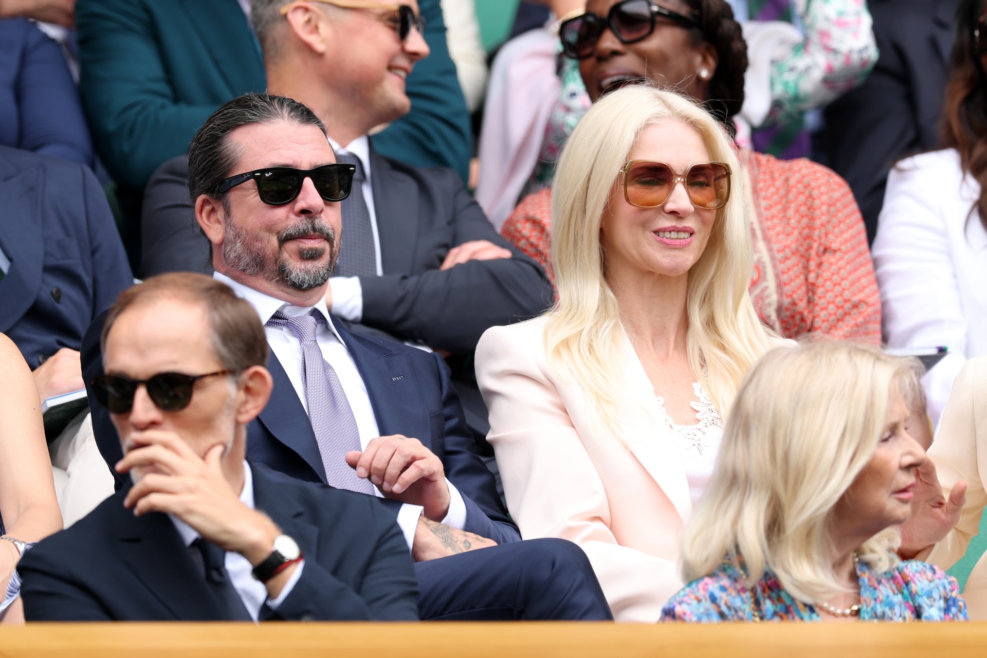Musician, Dave Grohl and Jordyn Grohl are seen in the Royal Box prior to the Ladies' Singles second round match between Aryna Sabalenka and Marie Bouzkova of Czechia on day three of The Championships Wimbledon 2025 at All England Lawn Tennis and Croquet Club on July 02, 2025 in London, England.