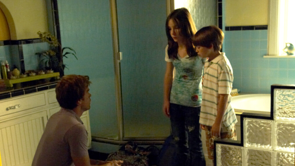 Michael C. Hall as Dexter Morgan, Christina Robinson as Astor Bennett, and Preston Bailey as Cody Bennett in 'Dexter'
