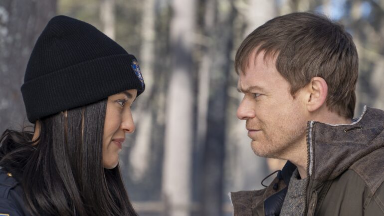 Julia Jones as Angela and Michael C. Hall as Dexter — 'Dexter: New Blood' Season 1 Episode 2