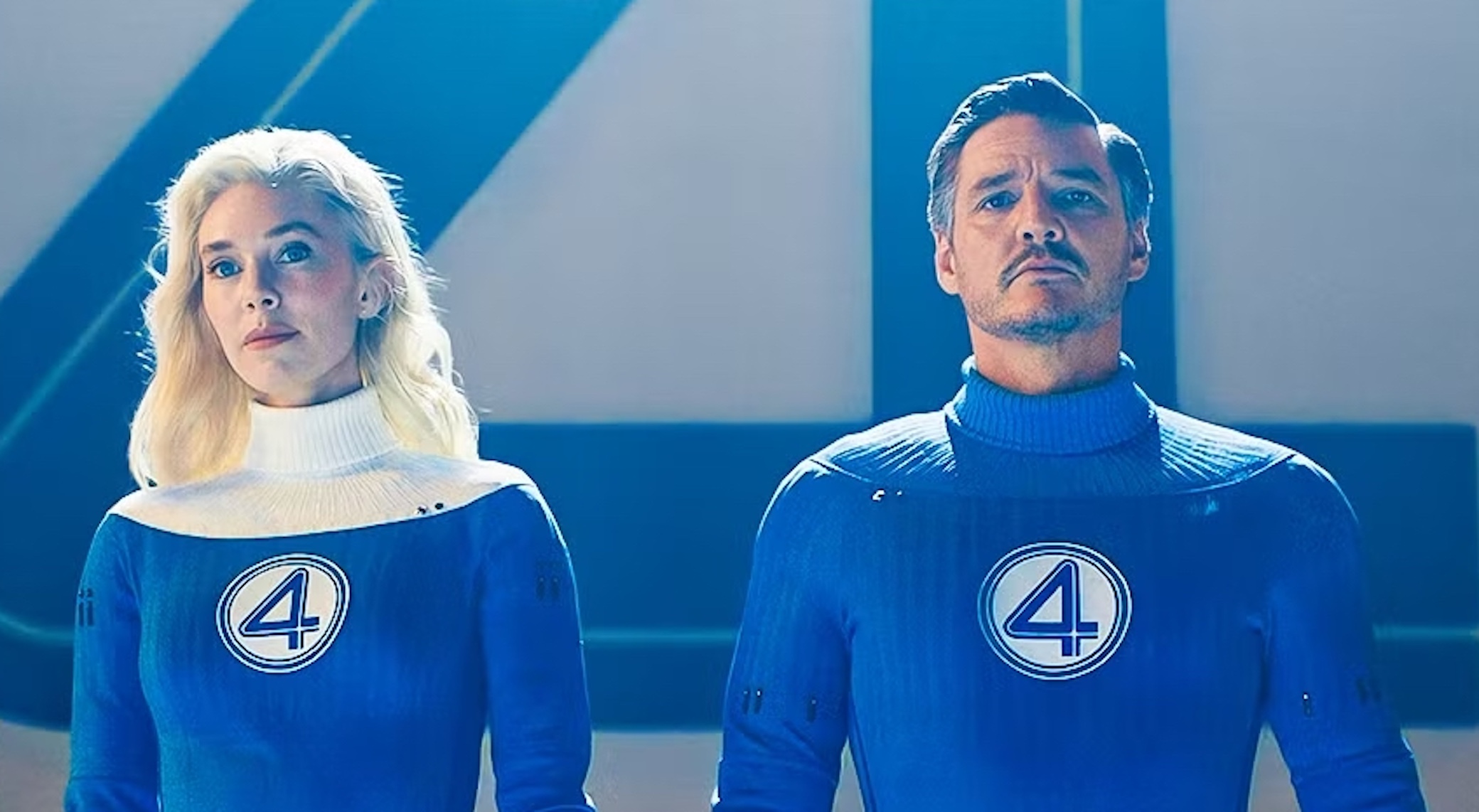 Reed Richards (Pedro Pascal) and Sue Storm (Vanessa Kirby) in 'The Fantastic Four: First Steps.'