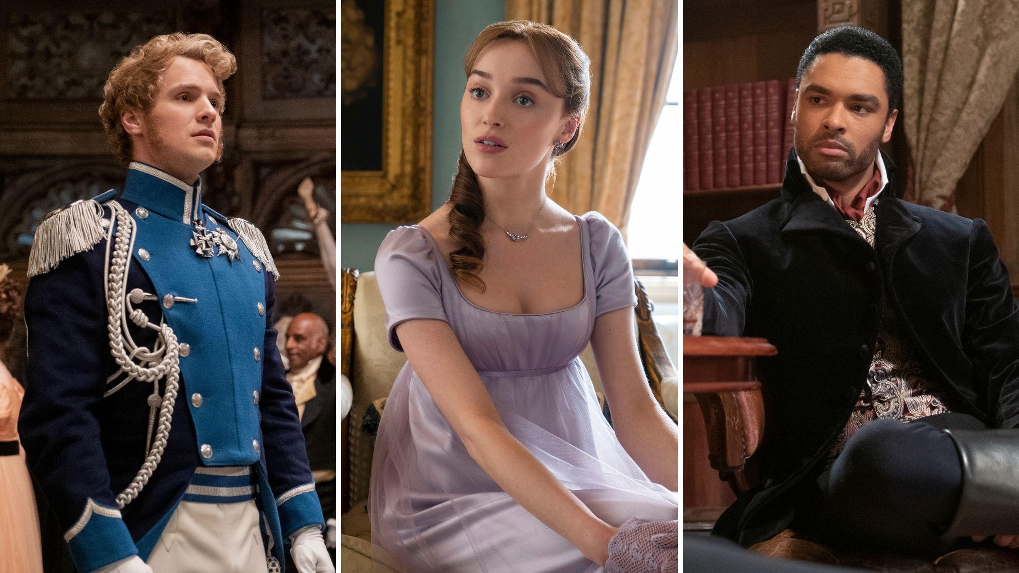 Freddie Stroma as Friedrich; Phoebe Dynevor as Daphne; Rege Jean-Page as Simon on 'Bridgerton'