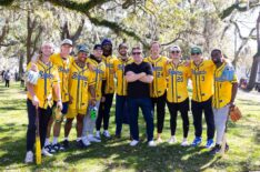 Host Tyler Florence and members of the Savannah Bananas baseball team, as seen on The Great Food Truck Race, Season 18