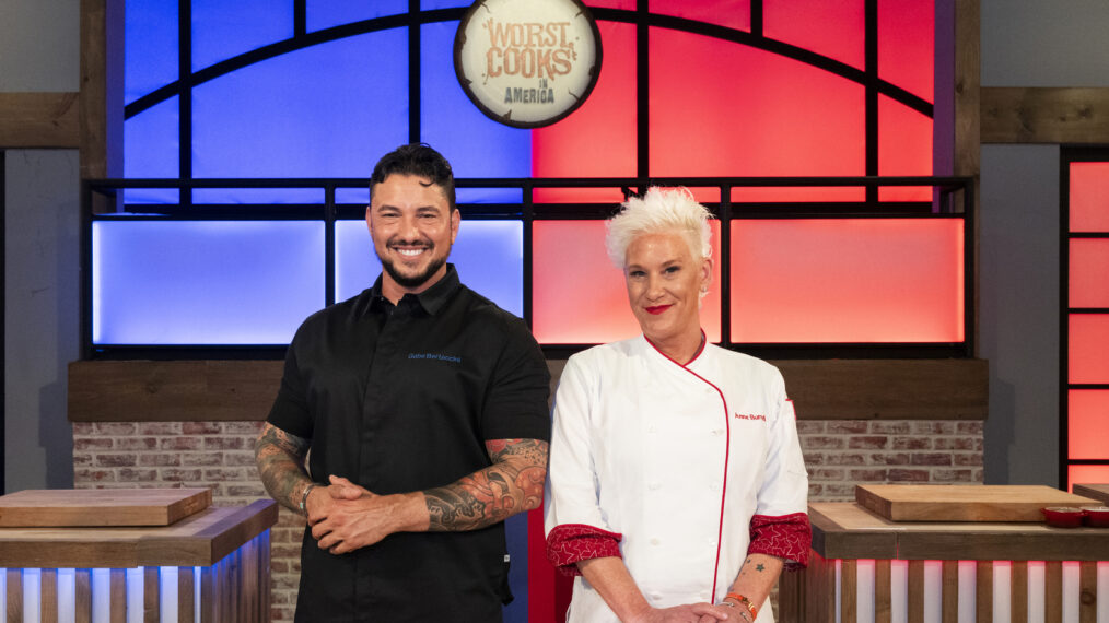 Hosts Gabe Bertaccini and Anne Burrell, as seen on Worst Cooks in America, Season 29
