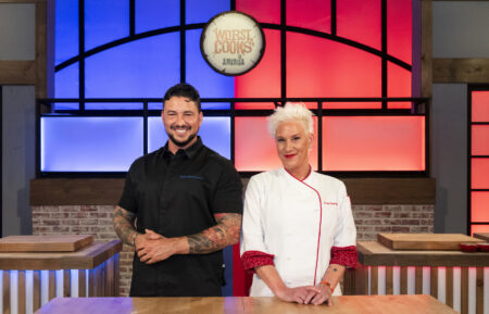 Hosts Gabe Bertaccini and Anne Burrell, as seen on Worst Cooks in America, Season 29