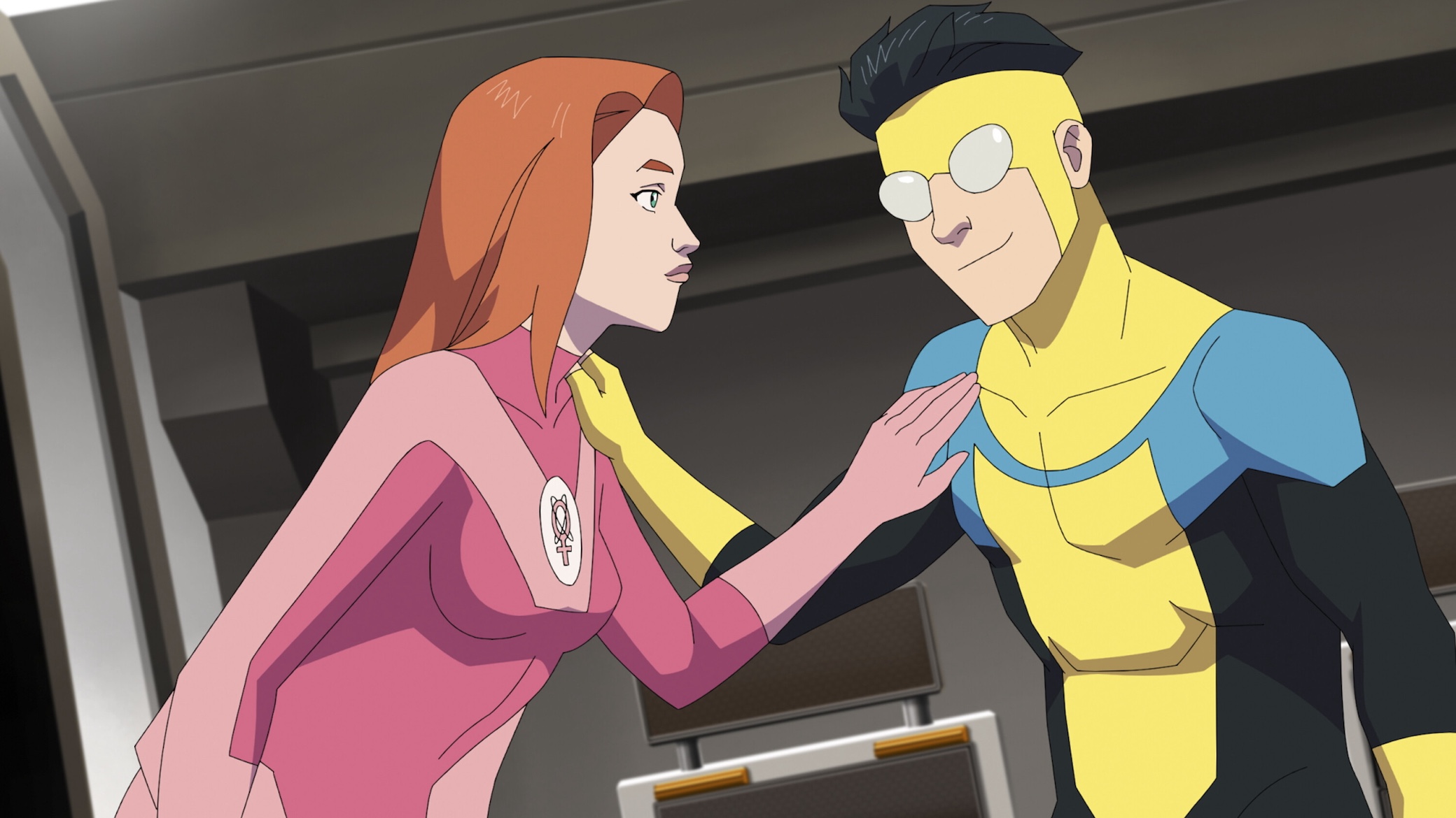 Gillian Jacobs (Atom Eve), Steven Yeun (Mark Grayson) in 'Invincible'