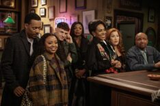 Tyler James Williams as Gregory Eddie, Quinta Brunson as Janine Teagues, Chris Perfetti as Jacob Hill, Quinta Janelle James as Ava Coleman, Sheryl Lee Ralph as Barbara Howard, Lisa Ann Walter as Melissa Schemmenti, William Stanford Davis as Mr. Johnson in 'It's Always Sunny in Philadelphia's crossover with 'Abbott Elementary'
