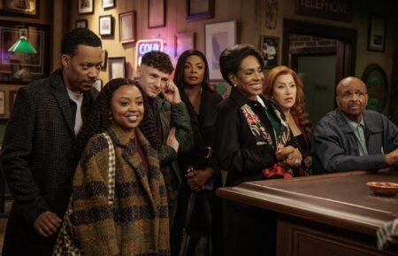 Tyler James Williams as Gregory Eddie, Quinta Brunson as Janine Teagues, Chris Perfetti as Jacob Hill, Quinta Janelle James as Ava Coleman, Sheryl Lee Ralph as Barbara Howard, Lisa Ann Walter as Melissa Schemmenti, William Stanford Davis as Mr. Johnson in 'It's Always Sunny in Philadelphia's crossover with 'Abbott Elementary'