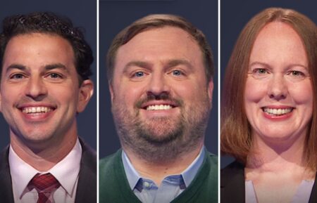 (from left) JEopardy! players Jason Singer, Dave McBride, and Heather Kompanek, on July 1, 2025