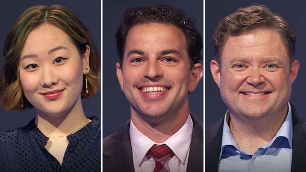 (from left) Jeopardy! players Stephanie Yang, Jason Singer, and Jeff Foels, on July 2, 2025