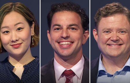 (from left) Jeopardy! players Stephanie Yang, Jason Singer, and Jeff Foels, on July 2, 2025