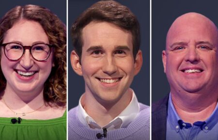 (from left) JEopardy! players Anna Ciamporcero, Scott Riccardi, and Jeff Hauge on July 21, 2025