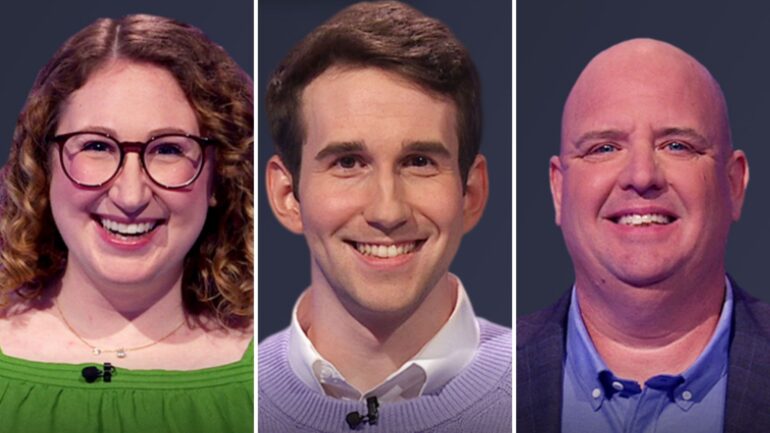 (from left) JEopardy! players Anna Ciamporcero, Scott Riccardi, and Jeff Hauge on July 21, 2025
