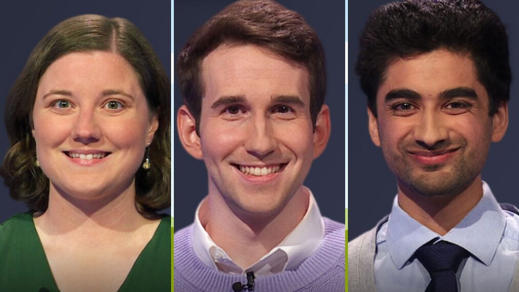 (from left), Jeopardy! players Julia Broussard, Scott Riccardi, and Ameen Ismail, on July 18, 2025