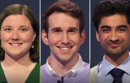 (from left), Jeopardy! players Julia Broussard, Scott Riccardi, and Ameen Ismail, on July 18, 2025
