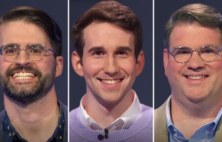 (from left) Jeopardy! players Pete Johnston, Scott Riccardi, and Carl Adams on July 15, 2025