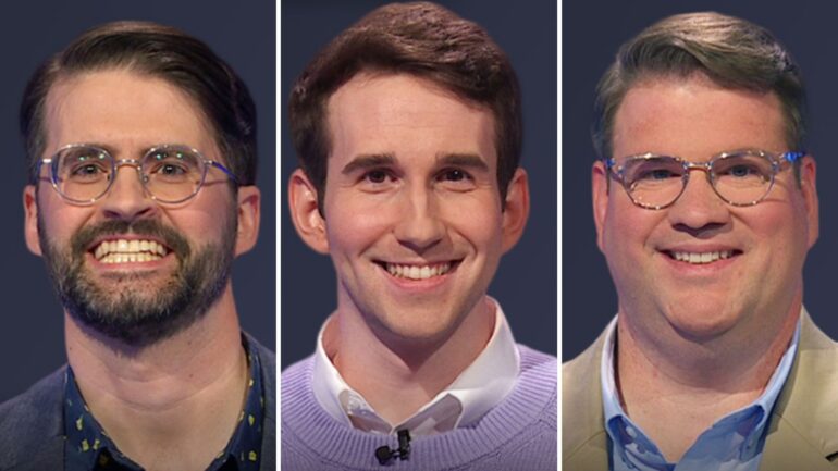 (from left) Jeopardy! players Pete Johnston, Scott Riccardi, and Carl Adams on July 15, 2025