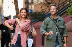 Katie Holmes and Joshua Jackson are seen on the set of 'Happy Hour' on July 21, 2025 in New York City.