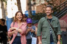 Katie Holmes and Joshua Jackson are seen on the set of 'Happy Hour' on July 21, 2025 in New York City.