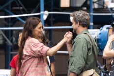 Katie Holmes and Joshua Jackson are seen on the movie set of 'Happy Hour' on July 22, 2025 in New York City.