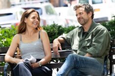 Katie Holmes and Joshua Jackson are seen on the movie set of 'Happy Hour' on July 22, 2025 in New York City.