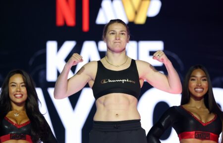 Katie Taylor attends the weigh-in at MSG Theater ahead of Netflix's Katie Taylor vs Amanda Serrano 3 on July 11 at Madison Square Garden, on July 10, 2025 in New York City.