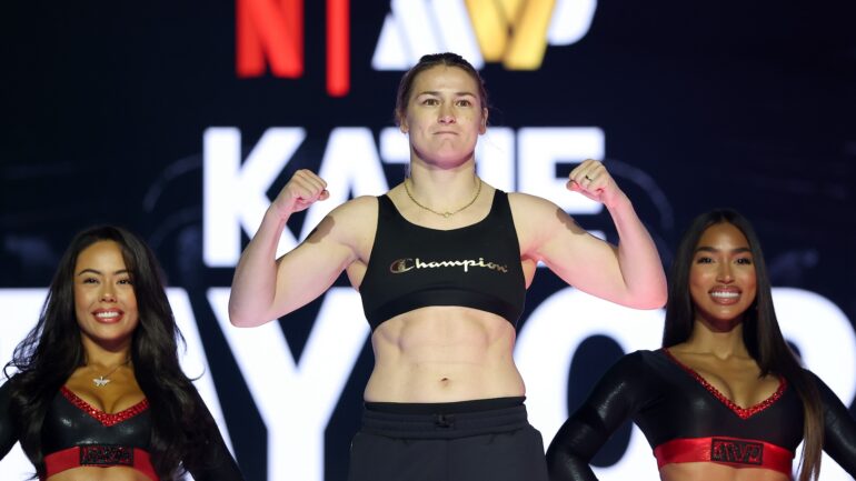 Katie Taylor attends the weigh-in at MSG Theater ahead of Netflix's Katie Taylor vs Amanda Serrano 3 on July 11 at Madison Square Garden, on July 10, 2025 in New York City.