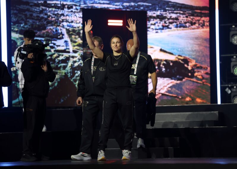 Katie Taylor attends the weigh-in at MSG Theater ahead of Netflix's Katie Taylor vs Amanda Serrano 3 on July 11 at Madison Square Garden, on July 10, 2025 in New York City.