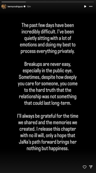 Kenny Rodriguez's statement about JaNa Craig breakup