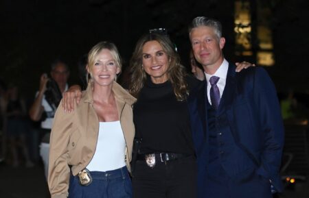 Kelli Giddish, Mariska Hargitay, Peter Scanavino filming 'Law & Order: SVU' Season 27