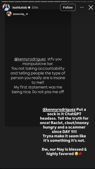 Leah Kateb's Instagram Story supporting JaNa Craig