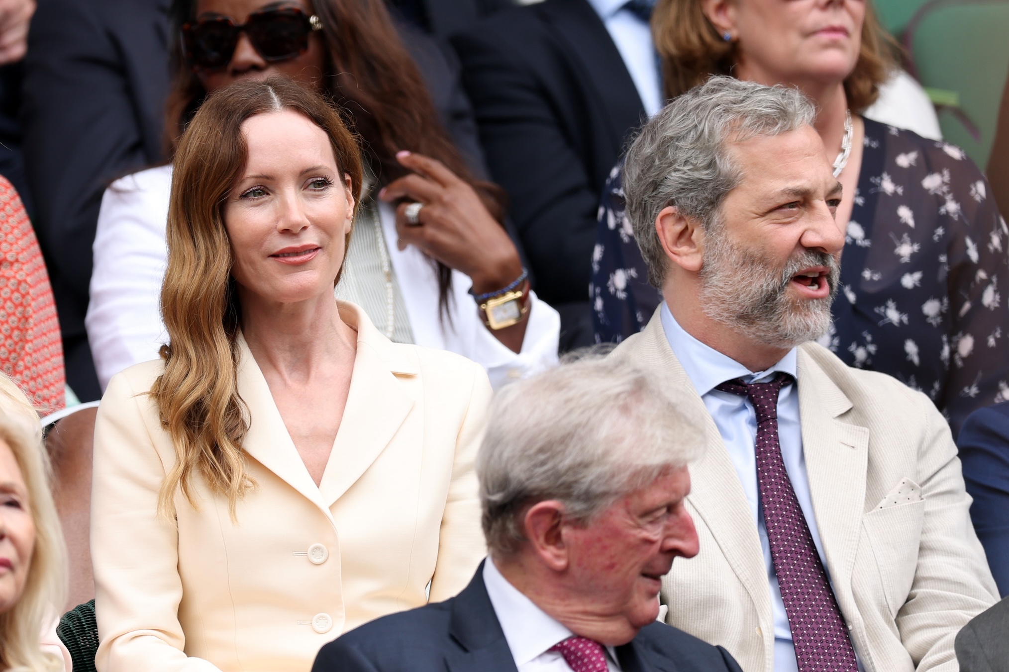 Actress, Leslie Mann and director, Judd Apatow are seen in the Royal Box prior to the Ladies' Singles second round match between Aryna Sabalenka and Marie Bouzkova of Czechia on day three of The Championships Wimbledon 2025 at All England Lawn Tennis and Croquet Club on July 02, 2025 in London, England.